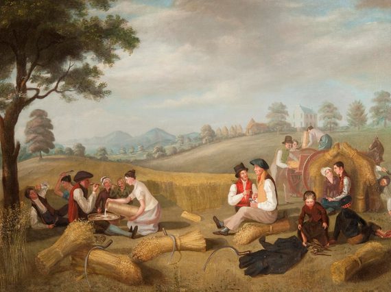 A watercolour painting of a rural scene, where a group of people are sat enjoying refreshments in a field, with harvested bales tied up with string all around them.