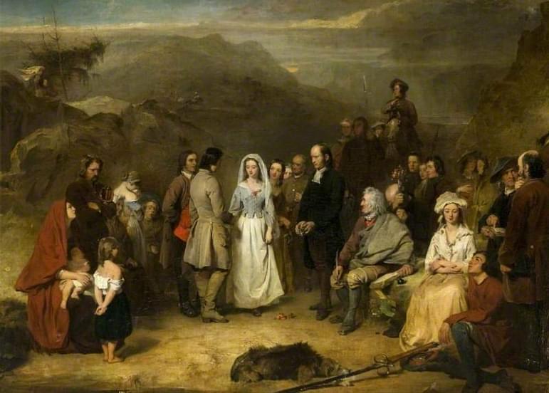 A painting of a man and woman secretly marrying in a dull countryside scene. They are surrounded by witnesses.