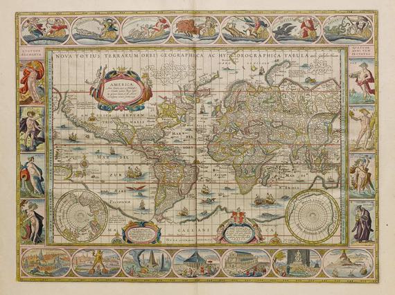 Old map of the world surrounded by illustrations of gods.
