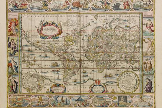 Old map of the world surrounded by illustrations of gods.