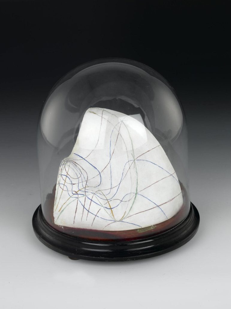 A white plaster cast with coloured lines drawn all over its surface, sitting on a wooden disc covered with a glass dome.