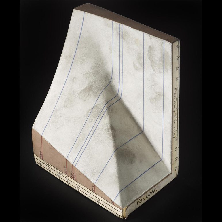 An angular white plaster cast with vertical blue lines drawn on its surface.