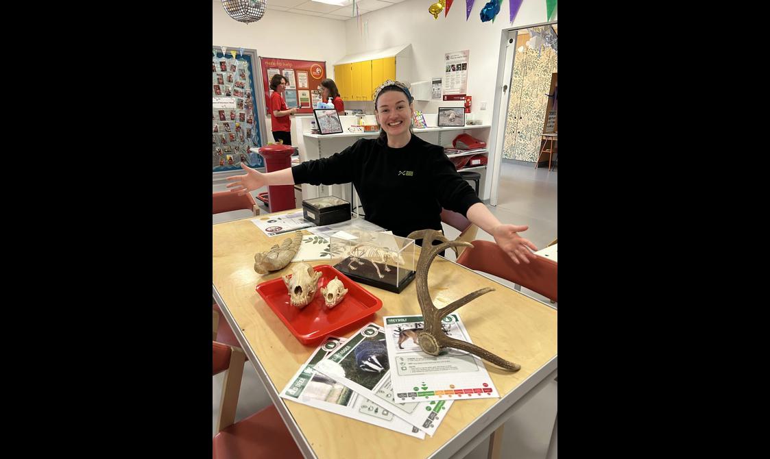 A seated, smiling Learning Enabler presents an array of objects connected to Scottish wildlife on a table, including some skulls, a skeleton and a deer antler.