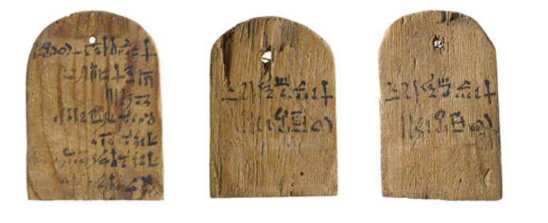 Three small wooden labels with written text on them.