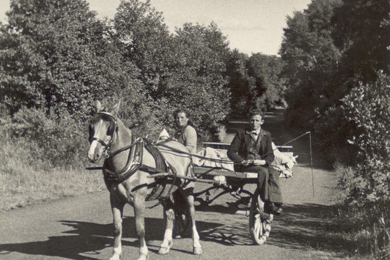 A black and white photograph of a man and woman sitting in a horse drawn cart on a country road.