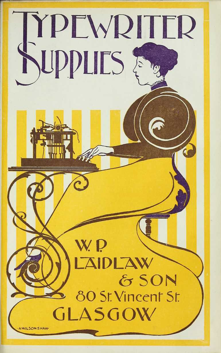 A yellow, brown, and purple illustration of a woman sitting at a table using a typewriter. The title of the poster says Typewriter Supplies.