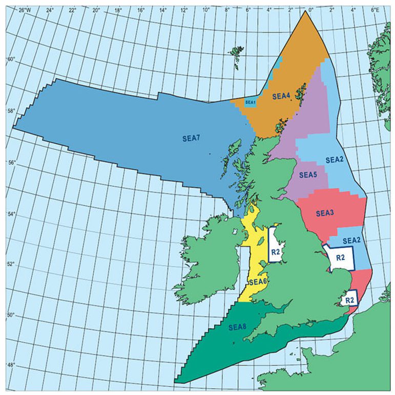 A map of the UK surrounded by different coloured zones in the sea from the Strategic Environmental Assessment.