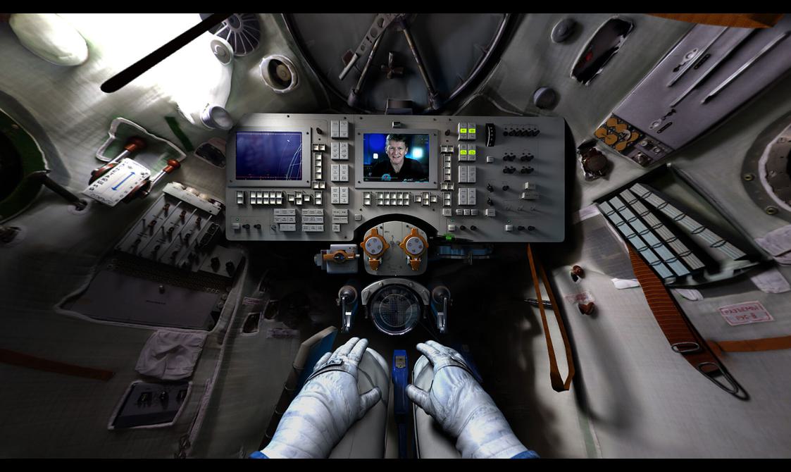 An astronaut's view inside a spacecraft.