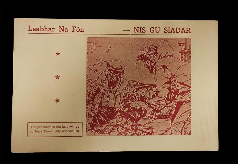 The front cover of an old phone book for the community of Ness, Isle of Lewis. The cover has a red illustration of two farmers working on it.