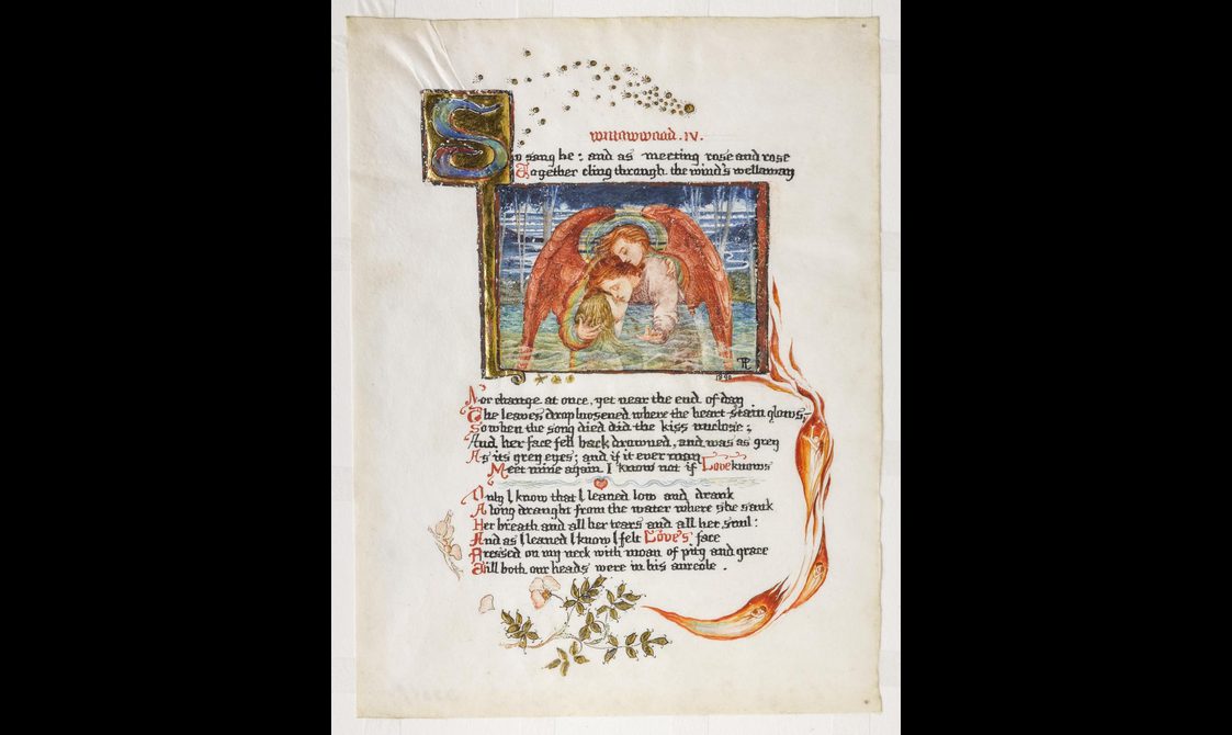 An illustrated page written in calligraphy. There is an image of an angel hugging two people surrounded by water.