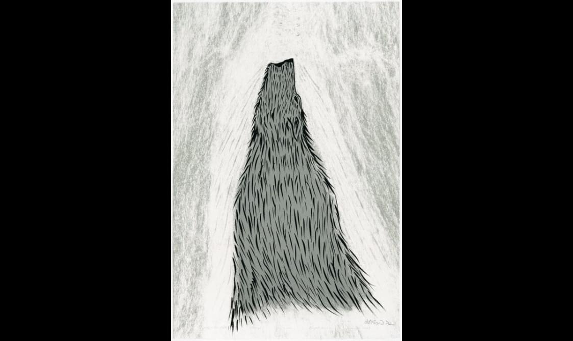 A painting with a grey, triangle shape and small black brush strokes, set against a white and grey background.