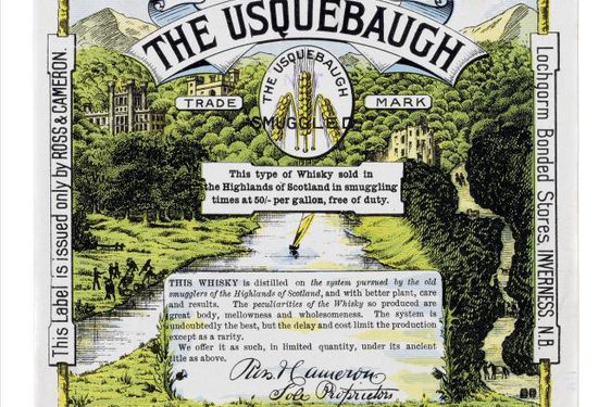 Whisky label with a mostly green and black illustration of a landscape for The Usquebaugh