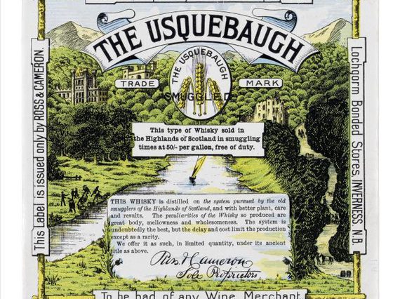 Whisky label with a mostly green and black illustration of a landscape for The Usquebaugh