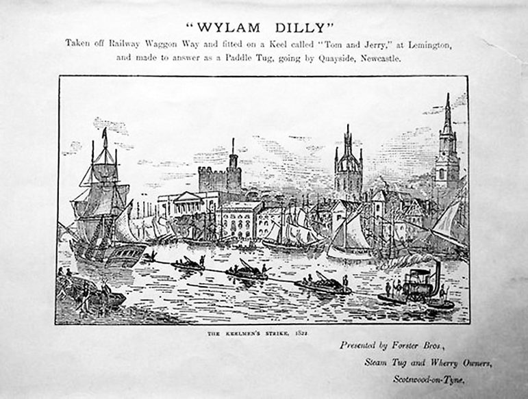 A black and white illustration of an engine pulling a large boat and rafts along a river.