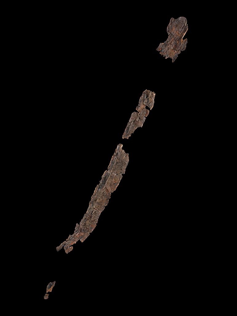 Fragments of wood pieced back together to show what was once a long scabbard for a sword
