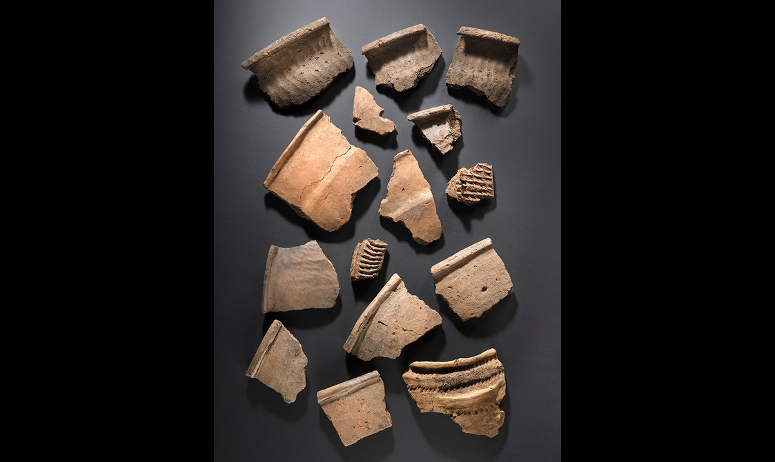 Thirteen sherds of pottery in differing shapes and sizes. Some show the lip of a pot or bowl. Others show some simple line designs.