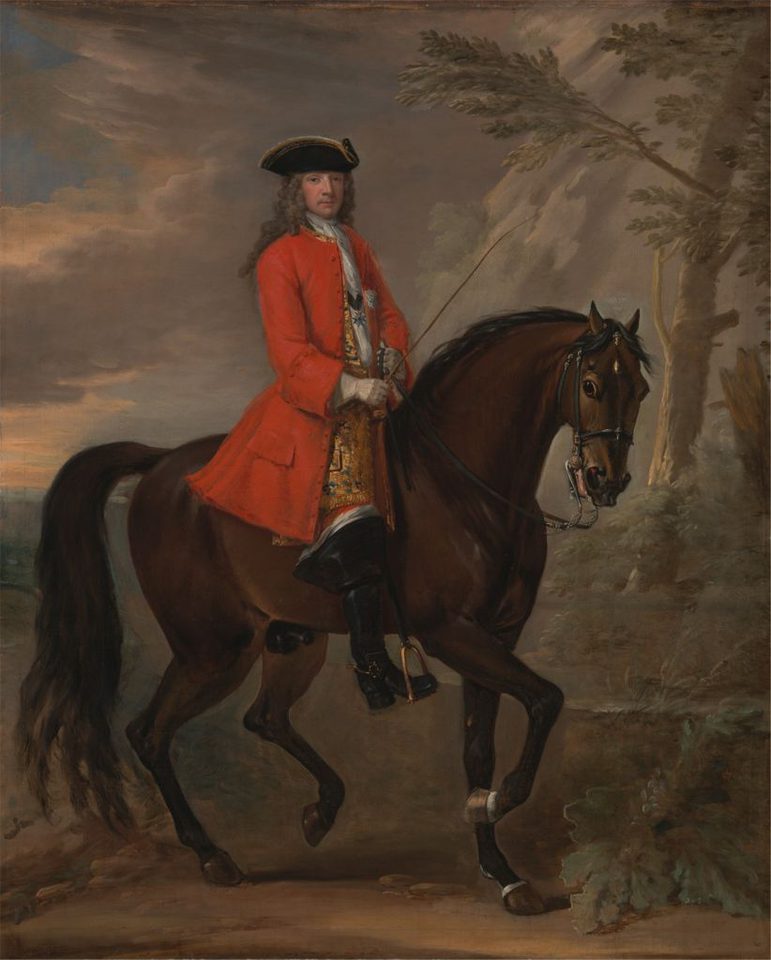 Oil painting of rider on a horse with a long red coat and black leather jack boots.