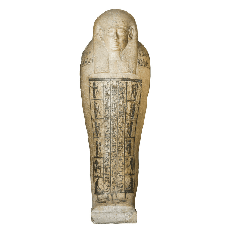 Off-white sarcophagus lid with hieroglyphics carved down the torso.