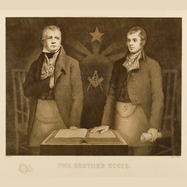 A cream and brown engraving of two men wearing cravats and jackets with a star and freemason symbol behind them. One man has his hand on an open book on a table in front of them.