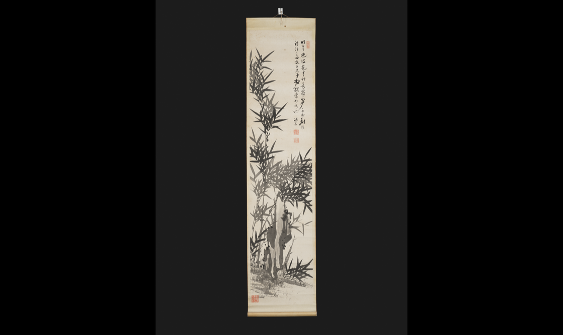 Long rectangular hanging scroll painting depicting bamboo