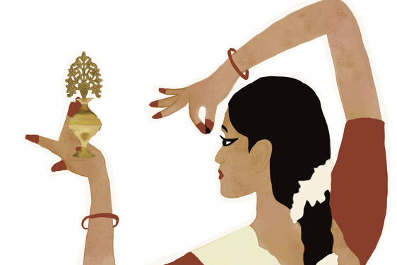 Illustration of person holding intricately designed Kohl Pot, raised in their left hand, as they pinch their fingers with their other hand.