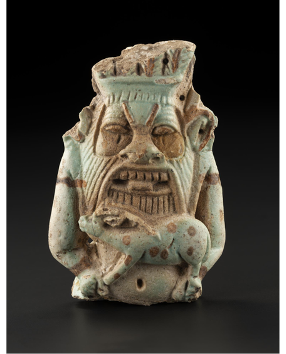 A pale green stylised figure with large features holding a small oryx.