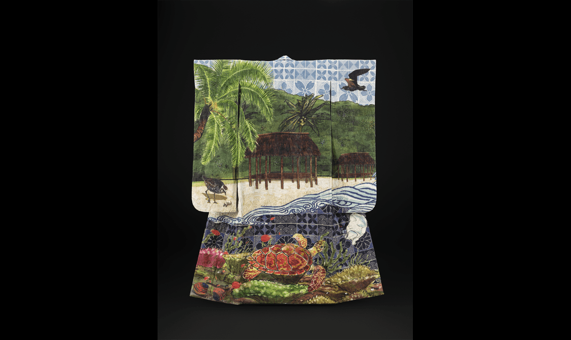 Kimono print showing detail of a turtle swimming towards a plastic bag.