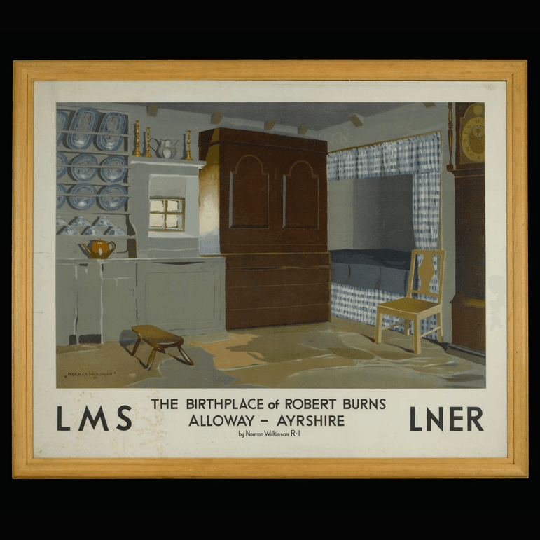 A poster of a cottage interior from a train company with text that reads 'The birthplace of Robert Burns Alloway - Ayrshire'.