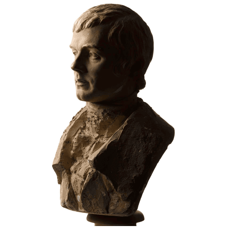 A light brown plaster bust of a young man.