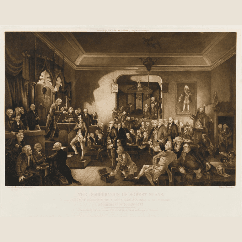 A brown and cream engraving of a group of men in a grandly decorated room.