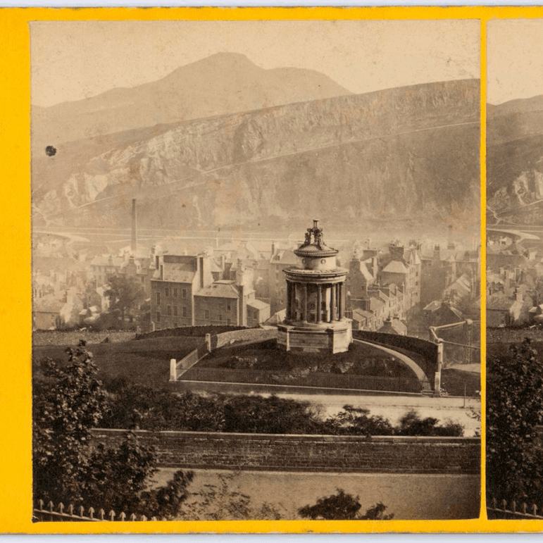 Two brown and cream images of a momument with a mountain in the background. The two images are placed side by side on a yellow background.