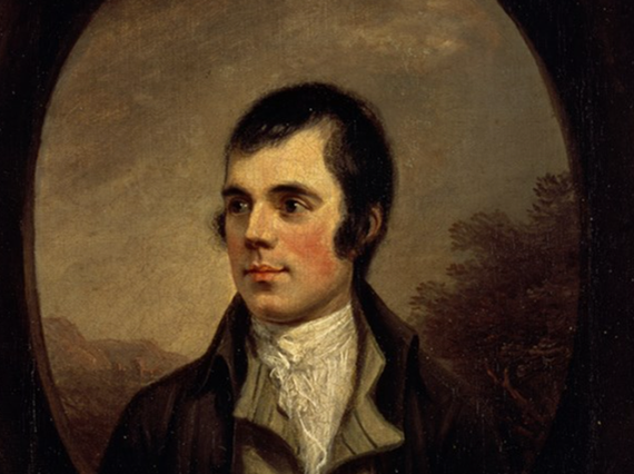 A bust portrait of a man slightly turned to the left, wearing a dark coat with a white shirt against picturesque landscape in the background.