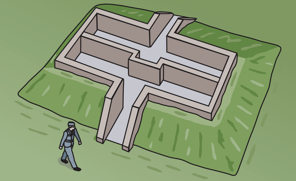 Illustration of an underground in a grassy field with the roof exposed