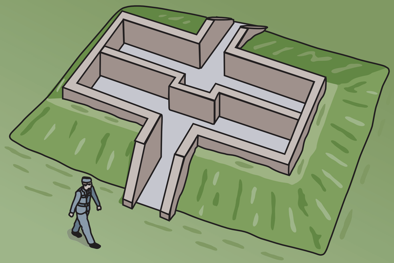 Illustration of an underground in a grassy field with the roof exposed