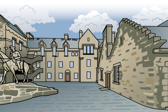 An illustration of an old building with three wings and a statue of a soldier on a horse in front of the building.