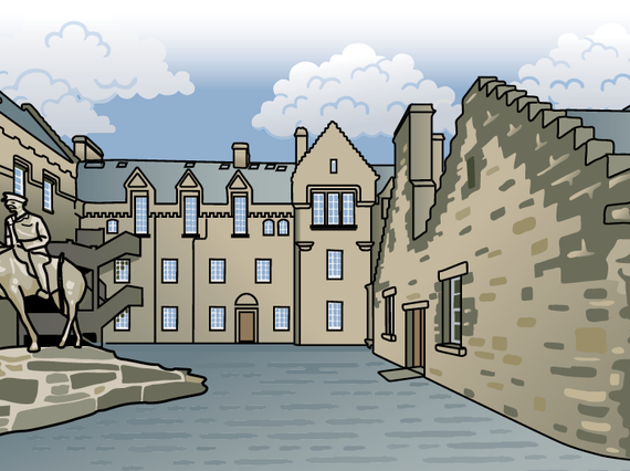 An illustration of an old building with three wings and a statue of a soldier on a horse in front of the building.