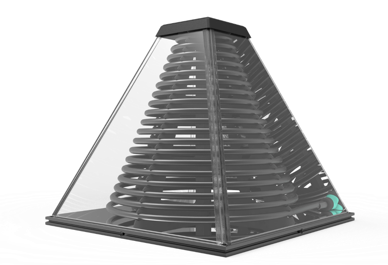 A shiny acrylic pyramid with a black coil sitting on a reflective base.